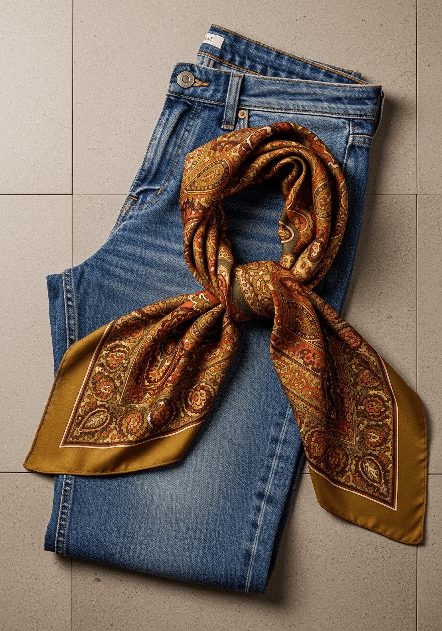Set denim và khăn lụa Sắc Đất