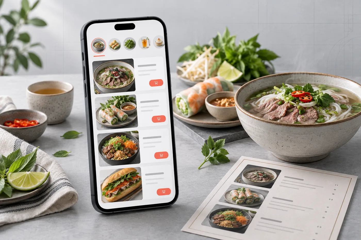 Menu online trên điện thoại với món ăn và nút đặt hàng