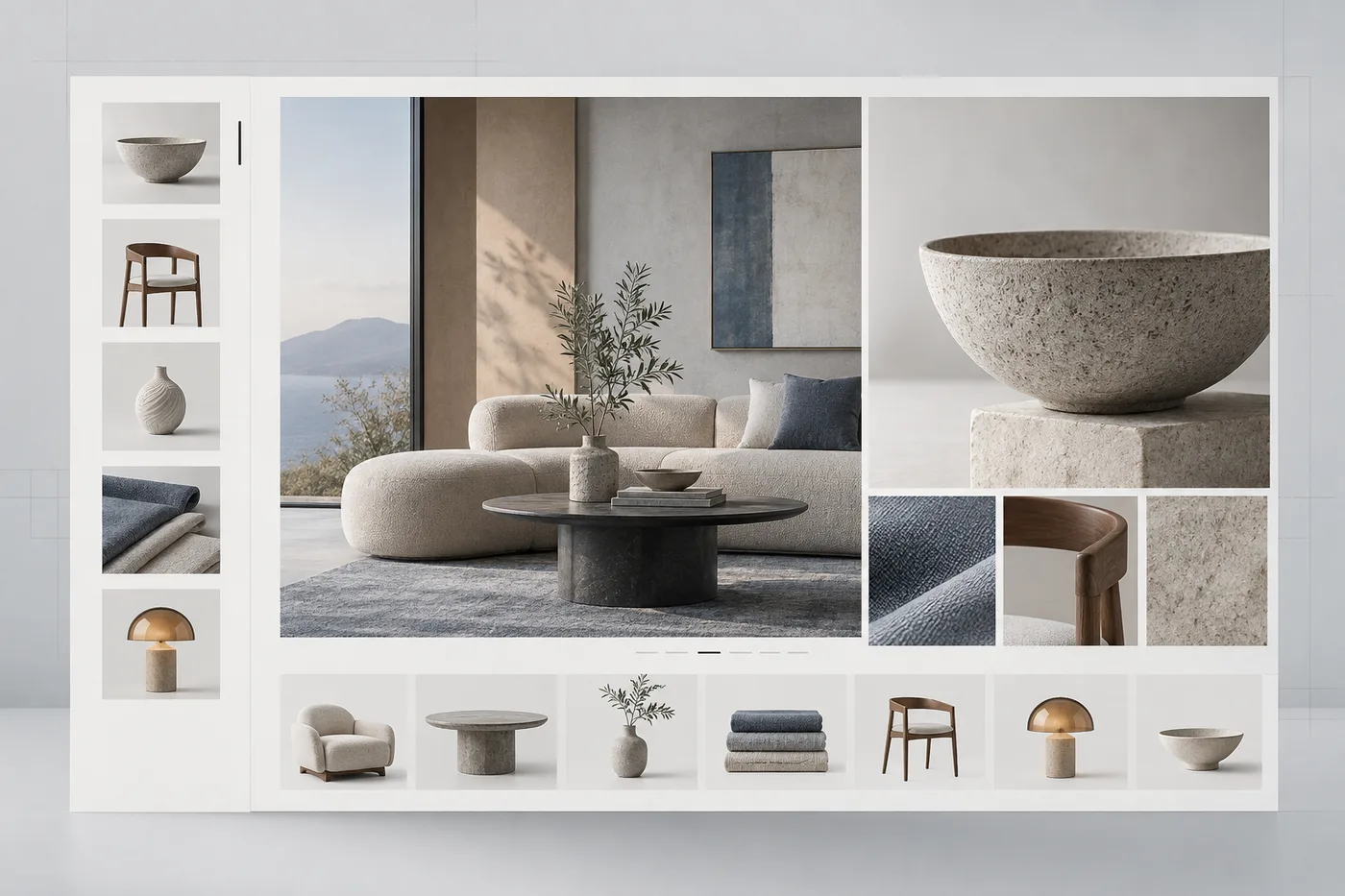 Giao diện showroom online với bộ sưu tập sản phẩm và không gian nội thất